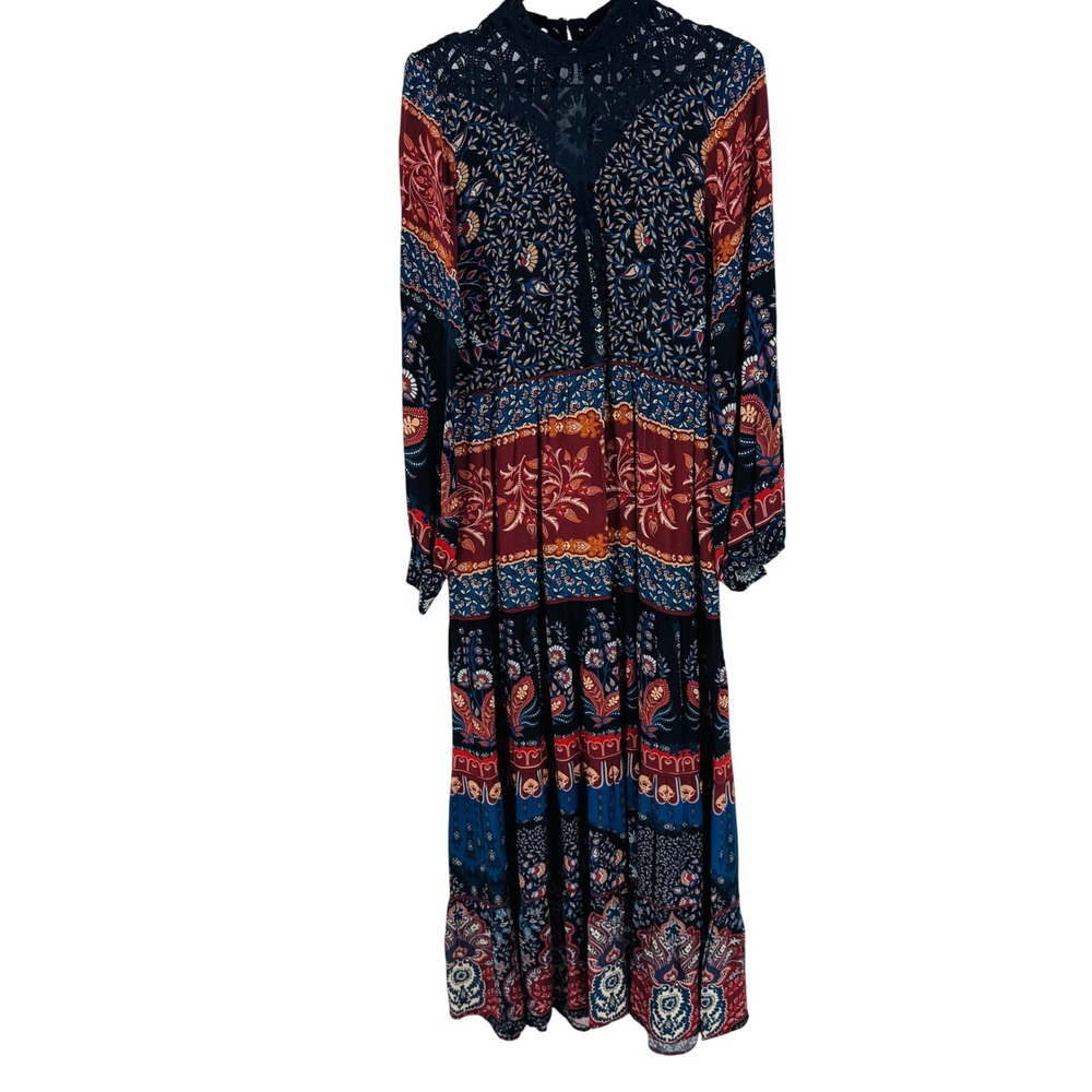 Farm Rio Maxi Dress Medium Mixed Print Crochet Lace Mixed Print Boho Festival